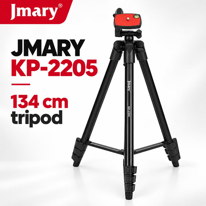 Jmary KP-2205 – beyaz fonda ayakları açık, kırmızı plakalı siyah tripod